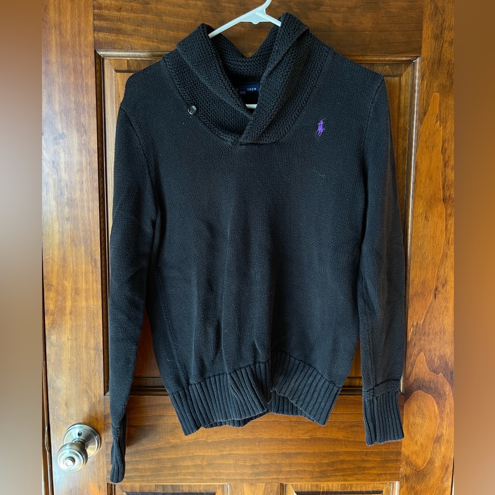 Women’s Ralph Lauren black sweater with purple polo logo